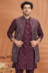 Wine Purple Silk Embroidered Jacket Indo Western Set